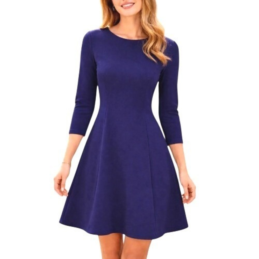 Jude Connally Cobalt Royal Blue A-Line Skater Flare Dress Boat Neck 3/4 Sleeve S